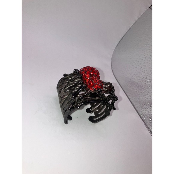 Red Rhinestone Spider Gun Metal Silver-Tone 2 3/8 Inch Wide Cuff Bracelet! - Picture 7 of 8